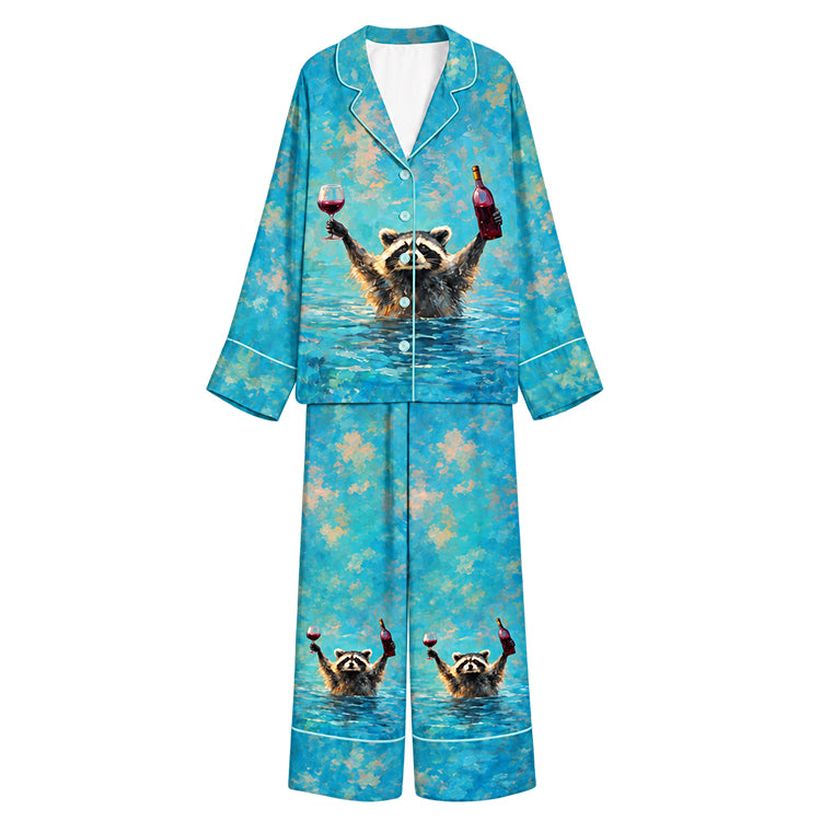 Tokyo-Mood Wine Toast Swimming Raccoon Aqua Blue Unisex Long Sleeve Silky Satin Pajama Set
