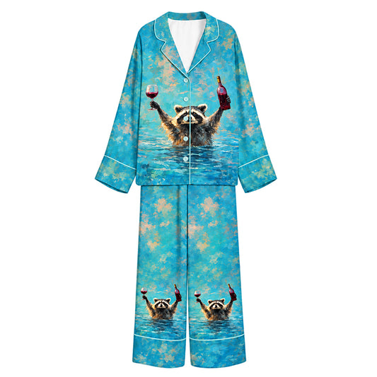 Tokyo-Mood Wine Toast Swimming Raccoon Aqua Blue Unisex Long Sleeve Silky Satin Pajama Set
