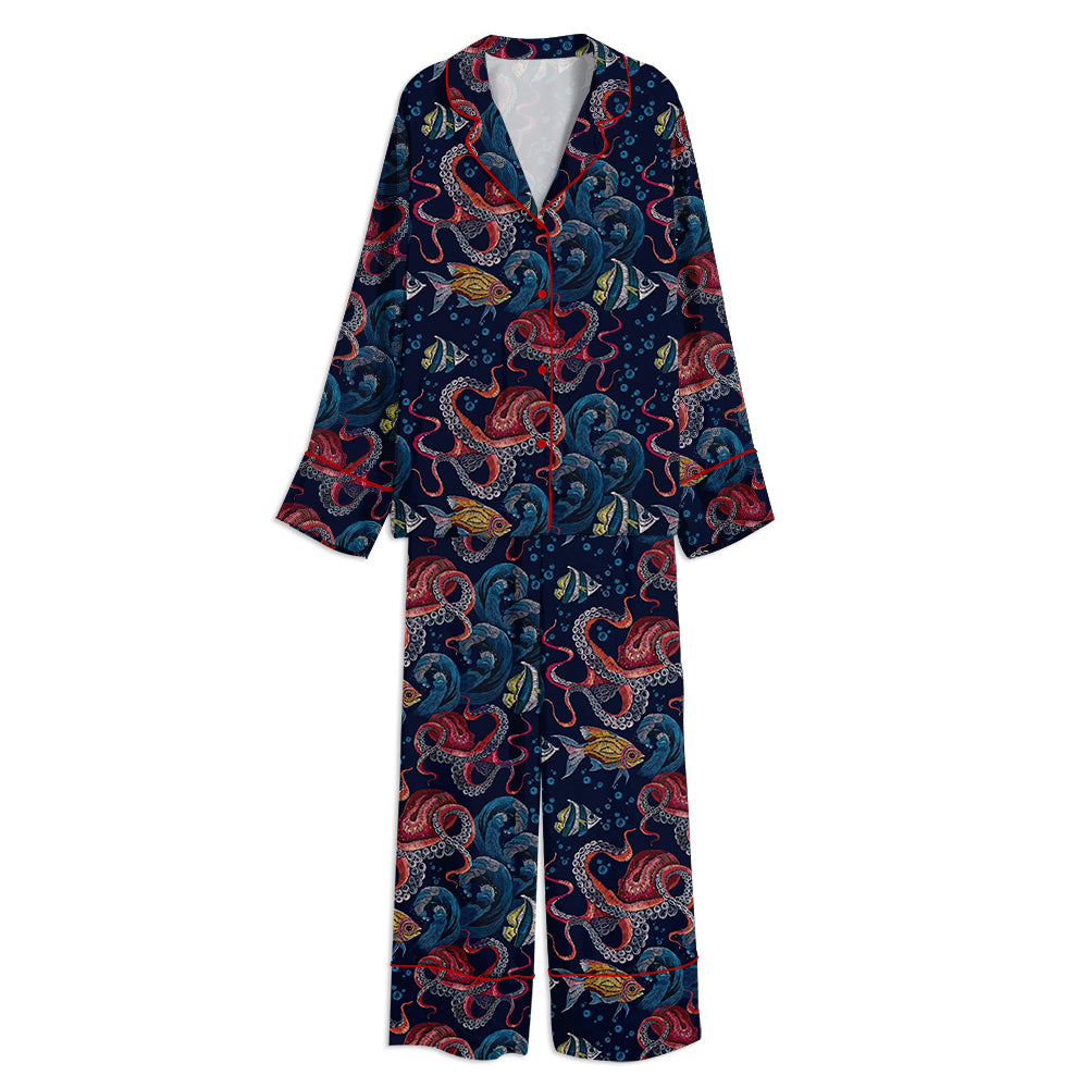 Colorful Coastal Octopus Unisex Long Sleeve Satin Pajama Set