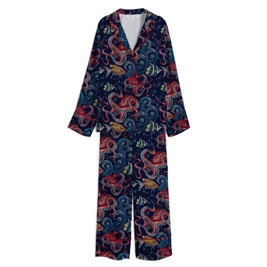 Colorful Coastal Octopus Unisex Long Sleeve Satin Pajama Set