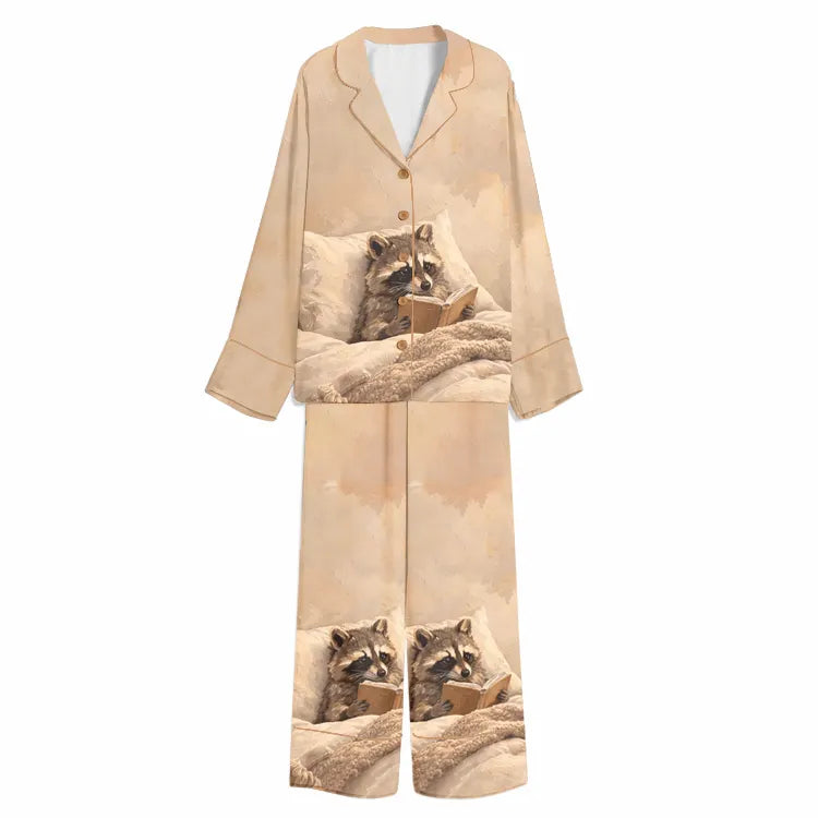 Tokyo-Mood Cozy Bedtime Reading Raccoon Warm Beige Unisex Long Sleeve Silky Satin Pajama Set