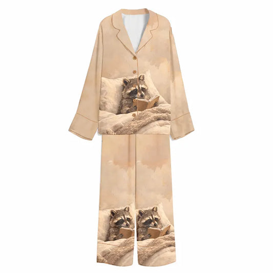 Tokyo-Mood Cozy Bedtime Reading Raccoon Warm Beige Unisex Long Sleeve Silky Satin Pajama Set