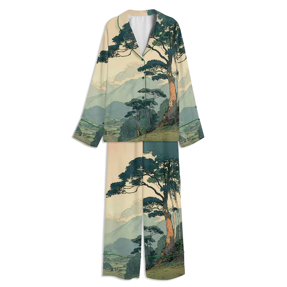 Vintage Japanese Forest Tranquil Mountain Landscape Unisex Long Sleeve Satin Pajama Set