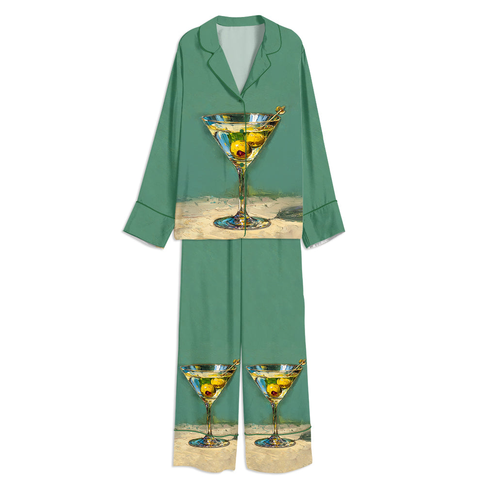 Tokyo-mood Martini Still Life Cocktail Glass With Olives Unisex Long Sleeve Silky Satin Pajama Set