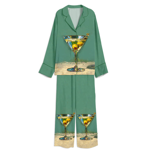 Tokyo-mood Martini Still Life Cocktail Glass With Olives Unisex Long Sleeve Silky Satin Pajama Set