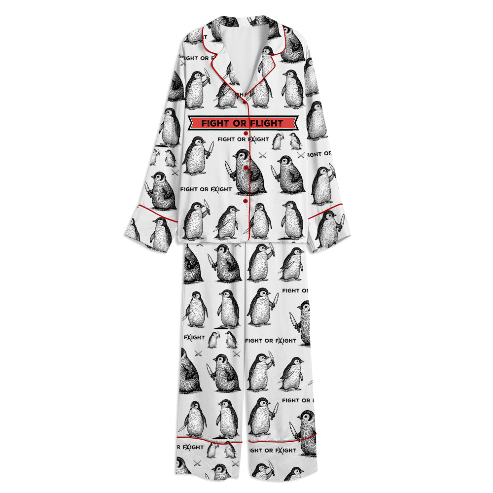 Fight Or Flight Penguin Unisex Long Sleeve Satin Pajama Set