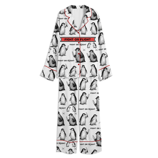 Fight Or Flight Penguin Unisex Long Sleeve Satin Pajama Set