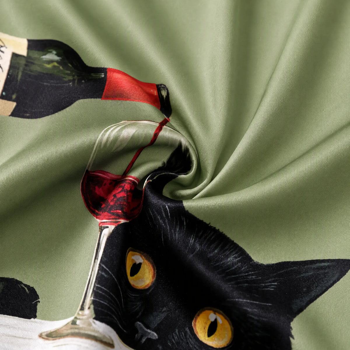 Whimsical Black Cat With Wine Glass Print Unisex Long Sleeve Satin Pajama Set