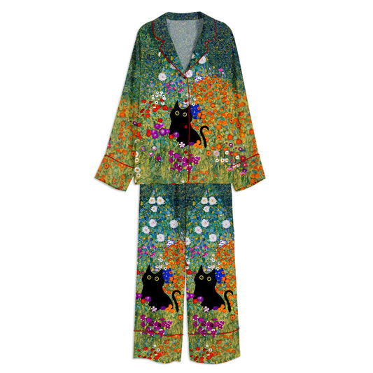 Gustav Klimt Garden Cat Klimt Flowers Cat Unisex Long Sleeve Satin Pajama Set