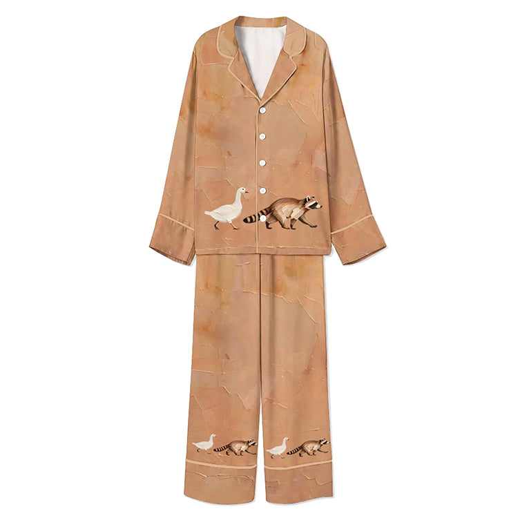 Tokyo-Mood Mischievous Raccoon Chasing Goose Camel Brown Unisex Long Sleeve Silky Satin Pajama Set