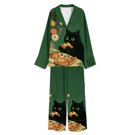 Whimsical Black Cat Eat Pizza Unisex Long Sleeve Satin Pajama Set