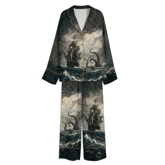 Lure Of The Kraken Moody Giant Octopus Unisex Long Sleeve Satin Pajama Set