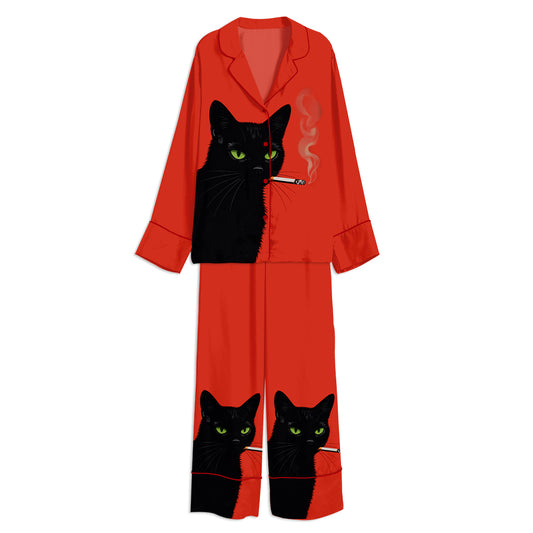 Vintage Black Cat Smoking Cat Art Unisex Long Sleeve Satin Pajama Set