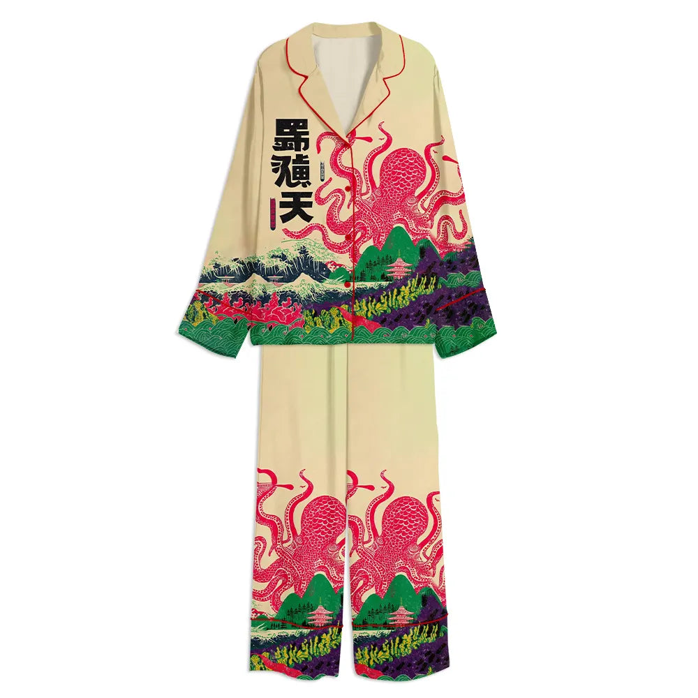 Japanese Octopus Vintage Ukiyo-e Sea Monster Unisex Long Sleeve Satin Pajama Set