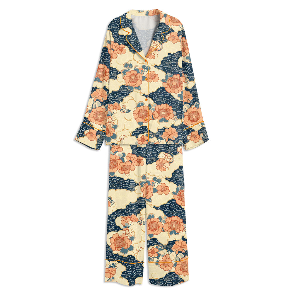 Traditional Japanese Wave And Blossom Pattern Unisex Long Sleeve Satin Pajama Set
