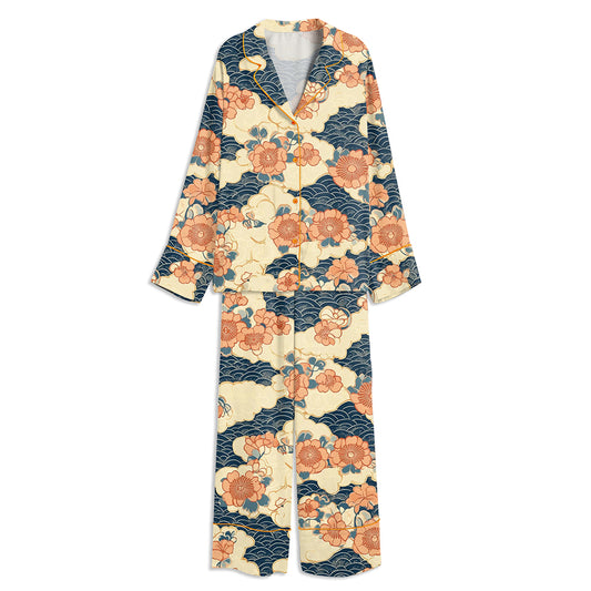 Traditional Japanese Wave And Blossom Pattern Unisex Long Sleeve Satin Pajama Set