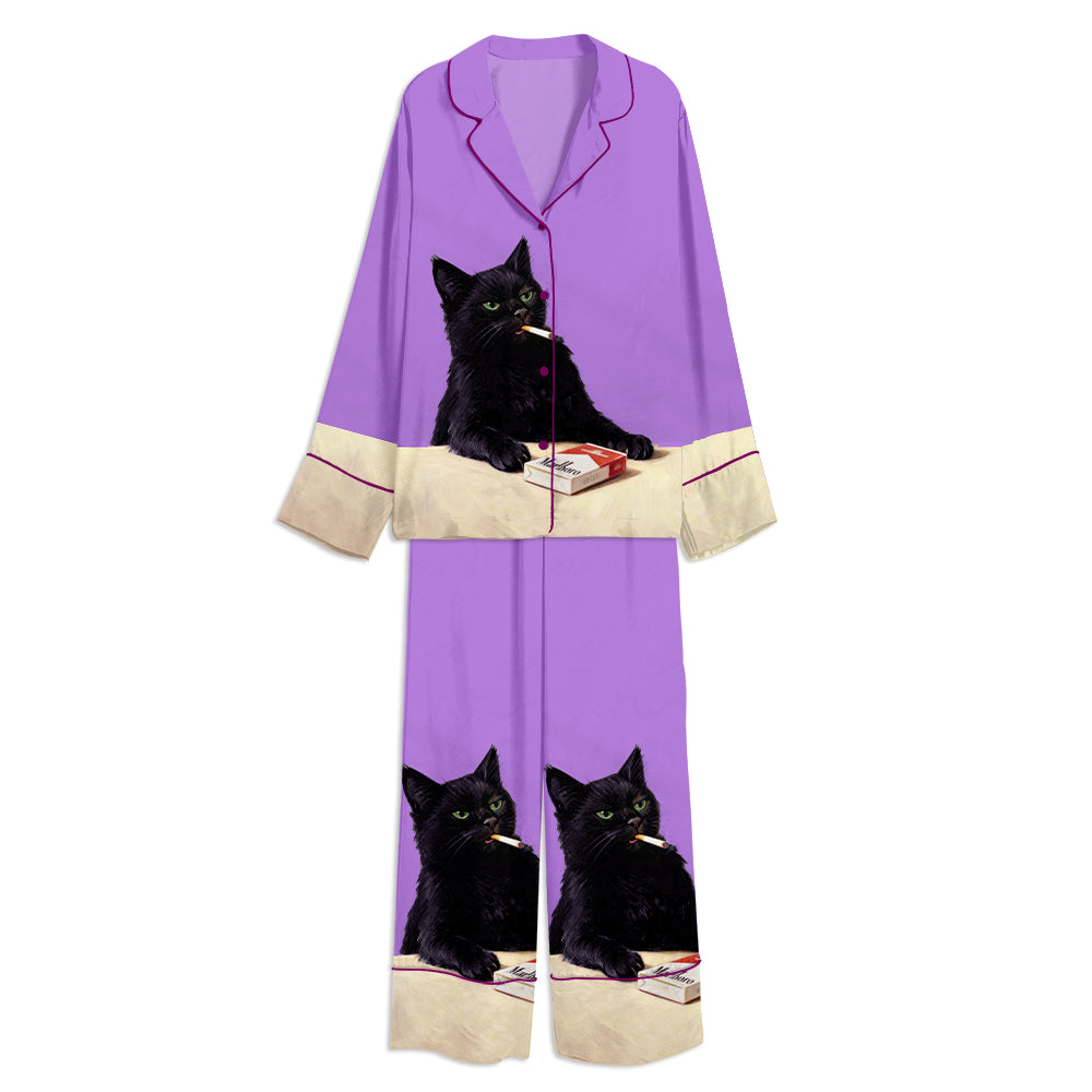 Tokyo-mood Vintage Smoking Cat Art Unisex Long Sleeve Silky Satin Pajama Set