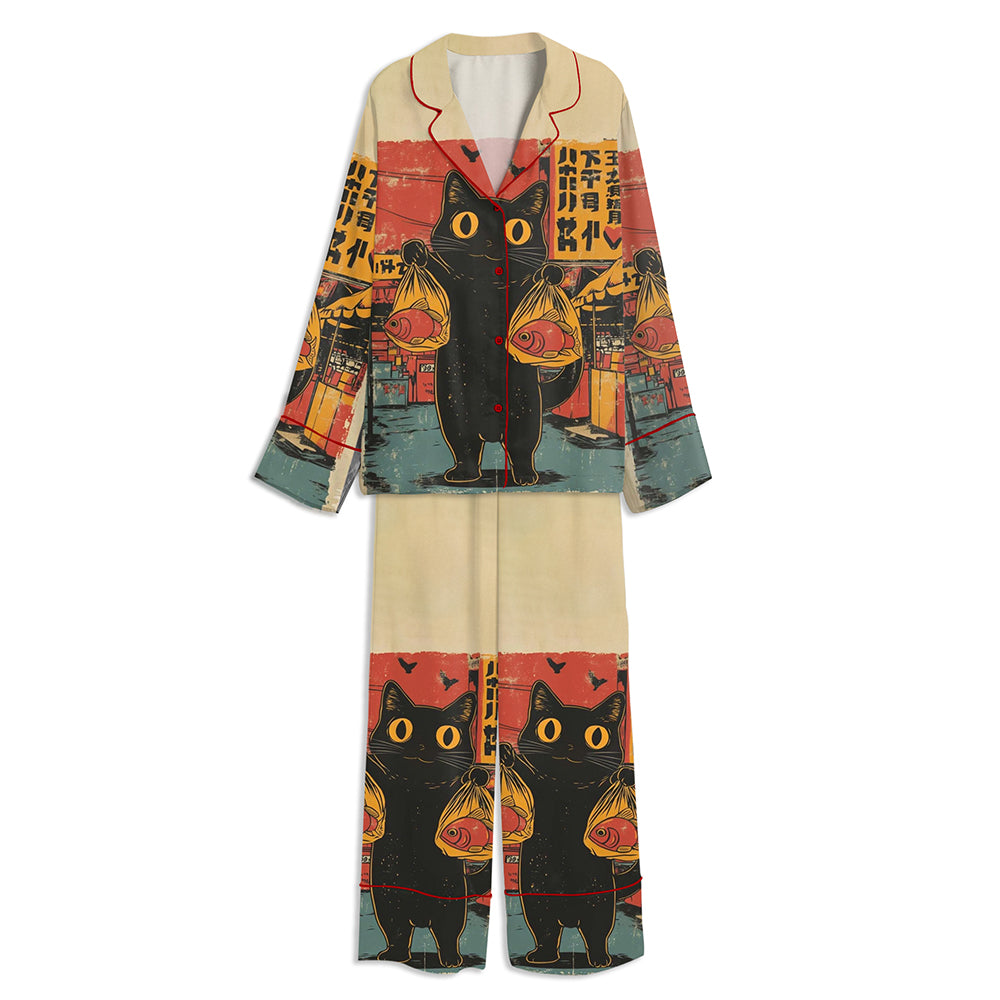 Vintage Japanese Cat Unisex Long Sleeve Satin Pajama Set