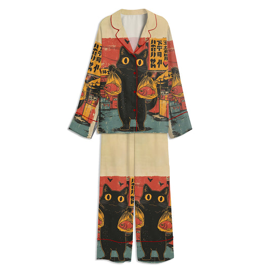 Vintage Japanese Cat Unisex Long Sleeve Satin Pajama Set