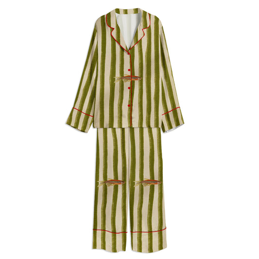 Sardines Art Unisex Long Sleeve Satin Pajama Set