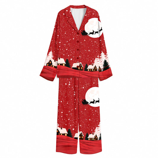 Tokyo-Mood Christmas Moonlit Santa Sleigh Village Ruby Red Unisex Long Sleeve Silky Satin Pajama Set