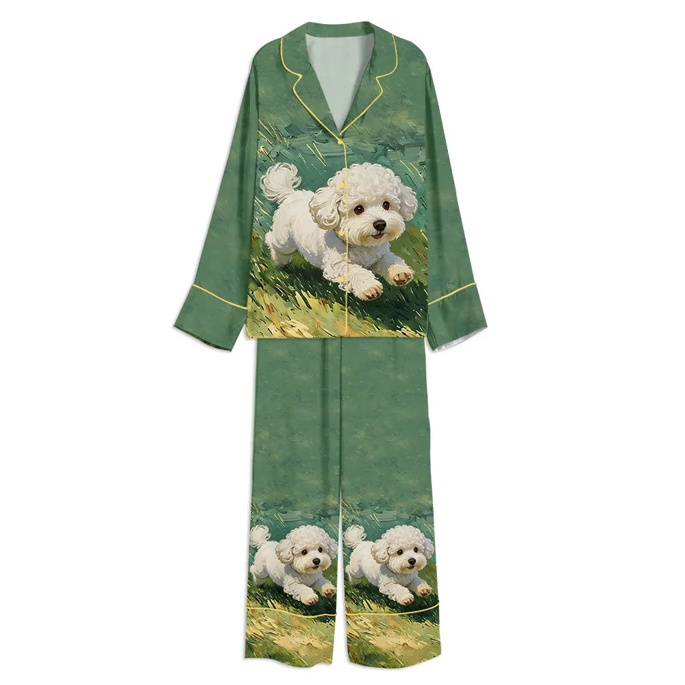 Tokyo-mood Bichon Frize Dog Running In Grass Unisex Long Sleeve Silky Satin Pajama Set