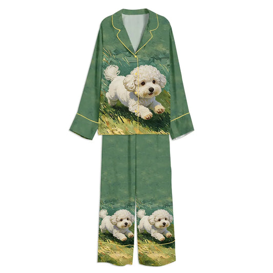 Tokyo-mood Bichon Frize Dog Running In Grass Unisex Long Sleeve Silky Satin Pajama Set