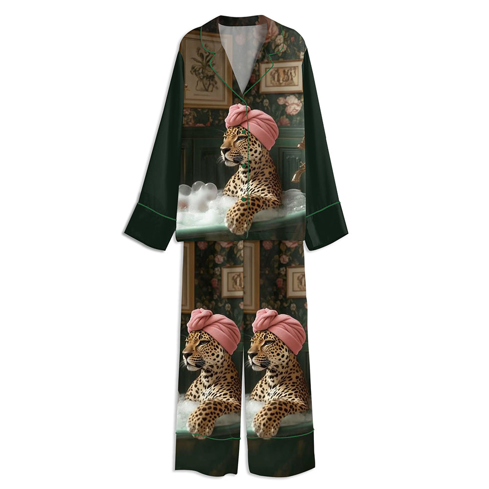 Leopard In Bubble Bath Jungle Print Unisex Long Sleeve Satin Pajama Set