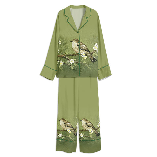 Tokyo-mood Vintage Bird Print Sage Green Unisex Long Sleeve Silky Satin Pajama Set