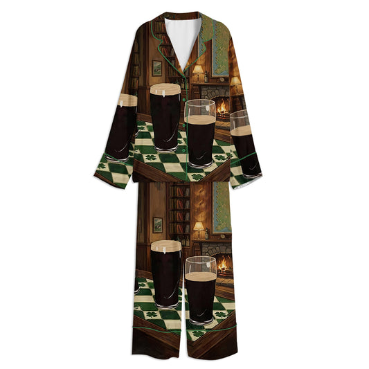 Guinness Irish Beer Dublin Drinks Unisex Long Sleeve Satin Pajama Set