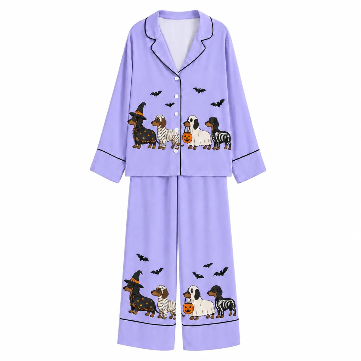 Tokyo-Mood Halloween Costume Dachshund Parade Lavender Unisex Long Sleeve Silky Satin Pajama Set