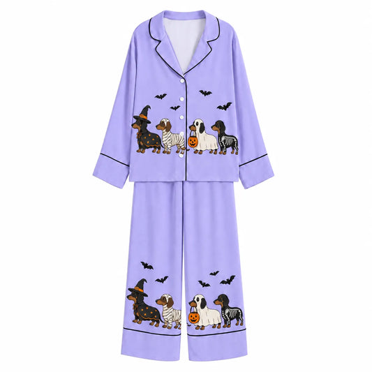 Tokyo-Mood Halloween Costume Dachshund Parade Lavender Unisex Long Sleeve Silky Satin Pajama Set