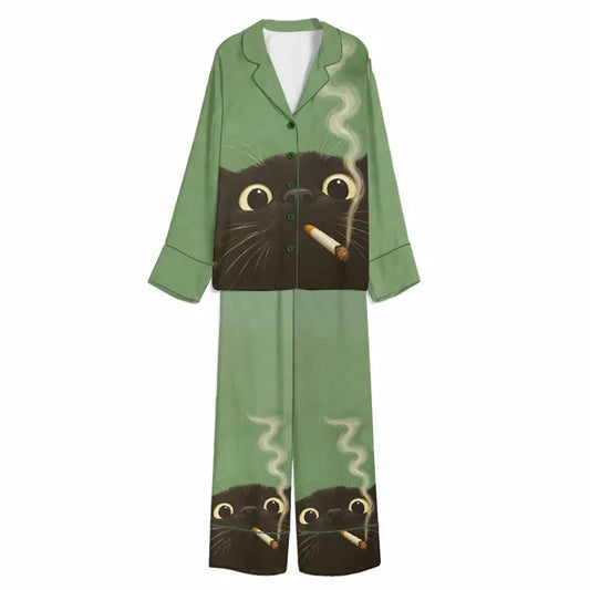 Tokyo-Mood Wide-Eyed Smoking Black Cat Sage Green Unisex Long Sleeve Silky Satin Pajama Set