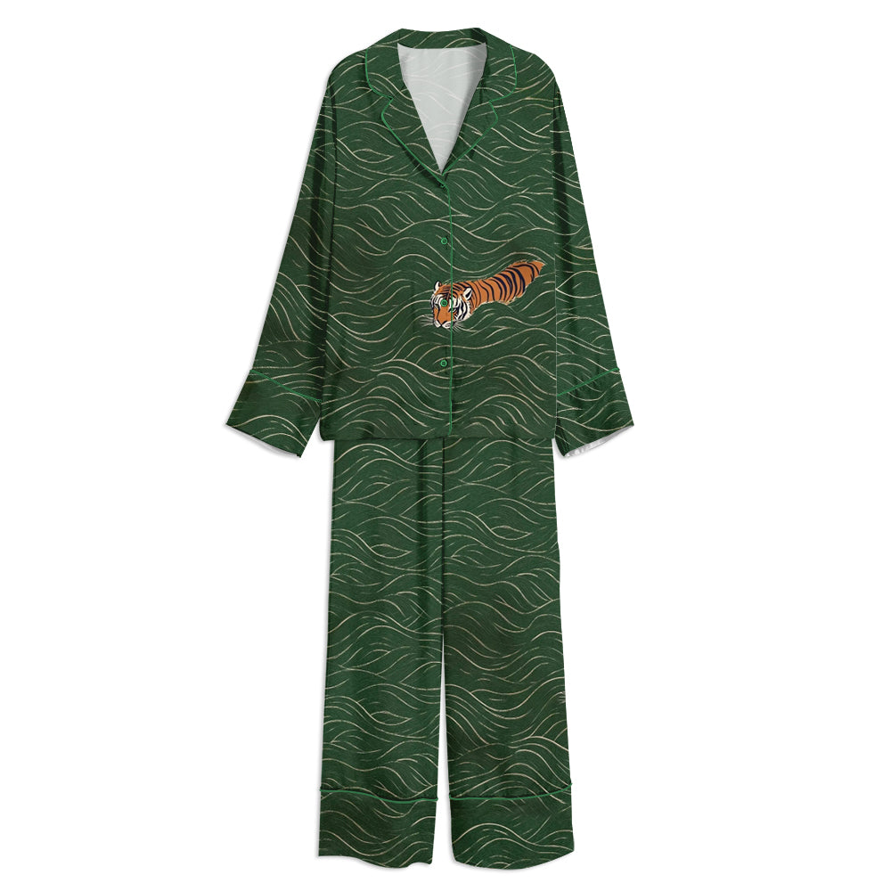 Japanese Tiger Swimming Vintage Ukiyo-e Style Unisex Long Sleeve Satin Pajama Set