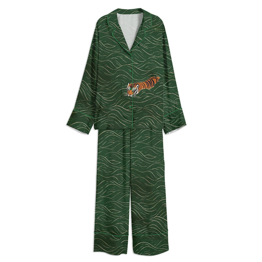 Japanese Tiger Swimming Vintage Ukiyo-e Style Unisex Long Sleeve Satin Pajama Set