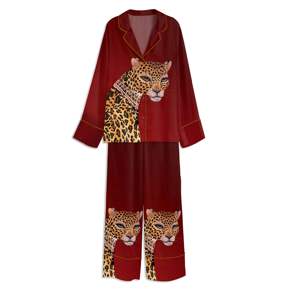 Leopard Face Jewels Diamond Collar Tiger Unisex Long Sleeve Satin Pajama Set