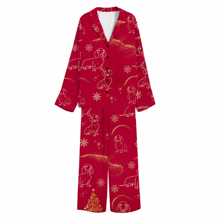 Tokyo-Mood Christmas Golden Dachshund Snowfall Red Unisex Long Sleeve Silky Satin Pajama Set