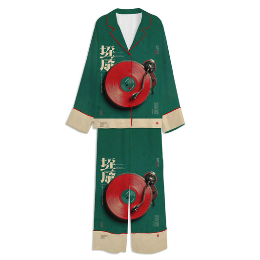 Japanese Vinyl Record DJ Turntable Unisex Long Sleeve Satin Pajama Set
