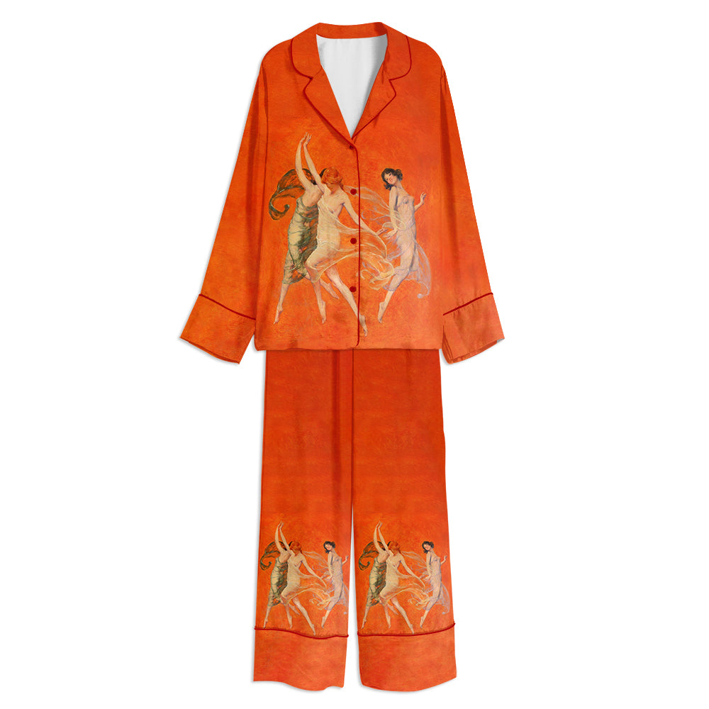 Tokyo-mood Dance Of Three Muses Unisex Long Sleeve Silky Satin Pajama Set