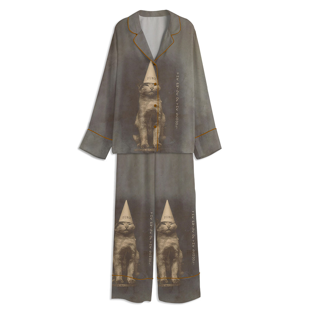 Dunce Cat Cute Cat Lover Unisex Long Sleeve Satin Pajama Set