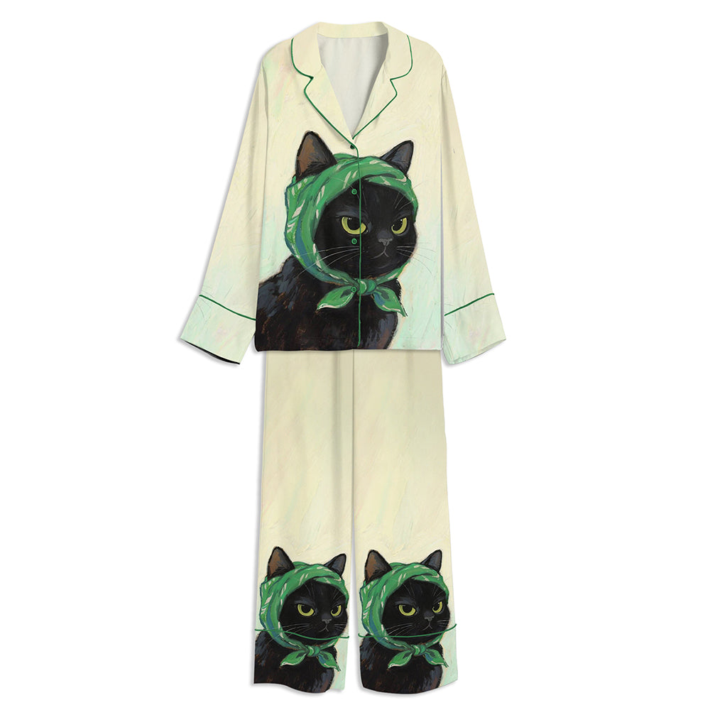 Serious Cat Unisex Long Sleeve Satin Pajama Set