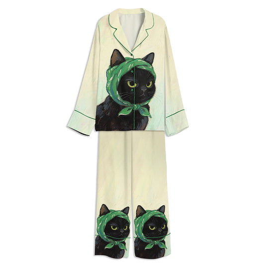 Serious Cat Unisex Long Sleeve Satin Pajama Set