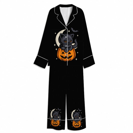Tokyo-Mood Halloween Midnight Pumpkin Cat Unisex Long Sleeve Silky Satin Pajama Set