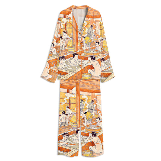Japanese Ukiyo-e Unisex Long Sleeve Satin Pajama Set