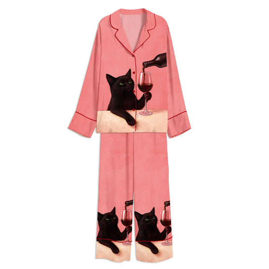 Tokyo-mood Black Cat With Wine Glass Unisex Long Sleeve Silky Satin Pajama Set