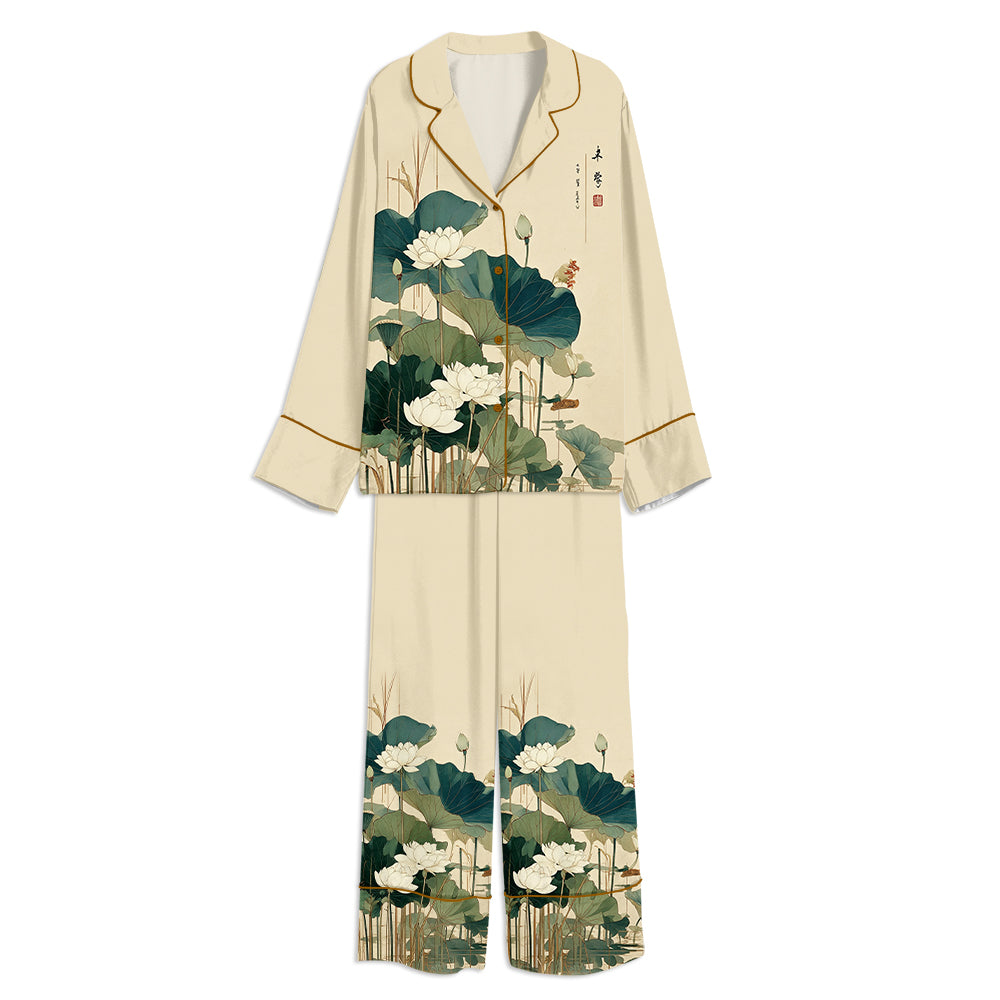 Tokyo-mood Japanese Lotus Flower Botanical Art Unisex Long Sleeve Silky Satin Pajama Set