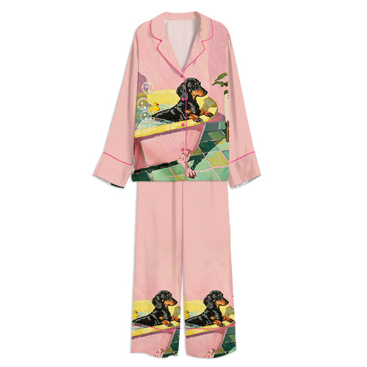 Tokyo-mood Funny Dachshund Pastel Bathroom Art Unisex Long Sleeve Silky Satin Pajama Set