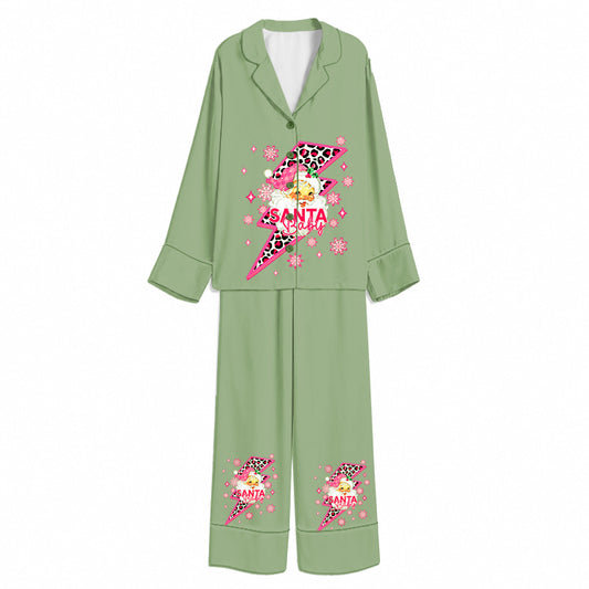 Tokyo-Mood Christmas Santa Baby Lightning Leopard Sage Green Unisex Long Sleeve Silky Satin Pajama Set