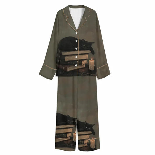 Tokyo-Mood Candlelit Bookworm Black Cat Taupe Unisex Long Sleeve Silky Satin Pajama Set