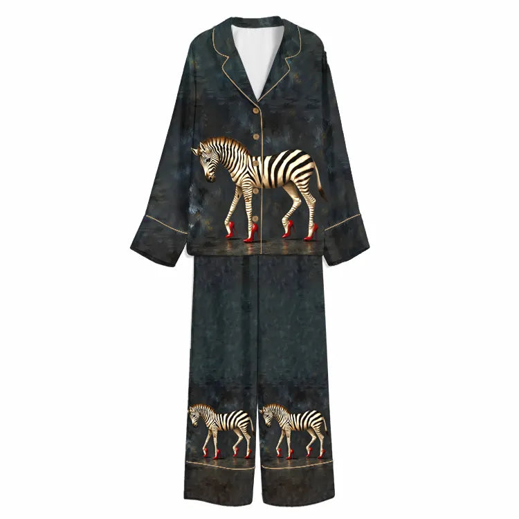 Tokyo-Mood High-Heeled Zebra Midnight Navy Unisex Long Sleeve Silky Satin Pajama Set